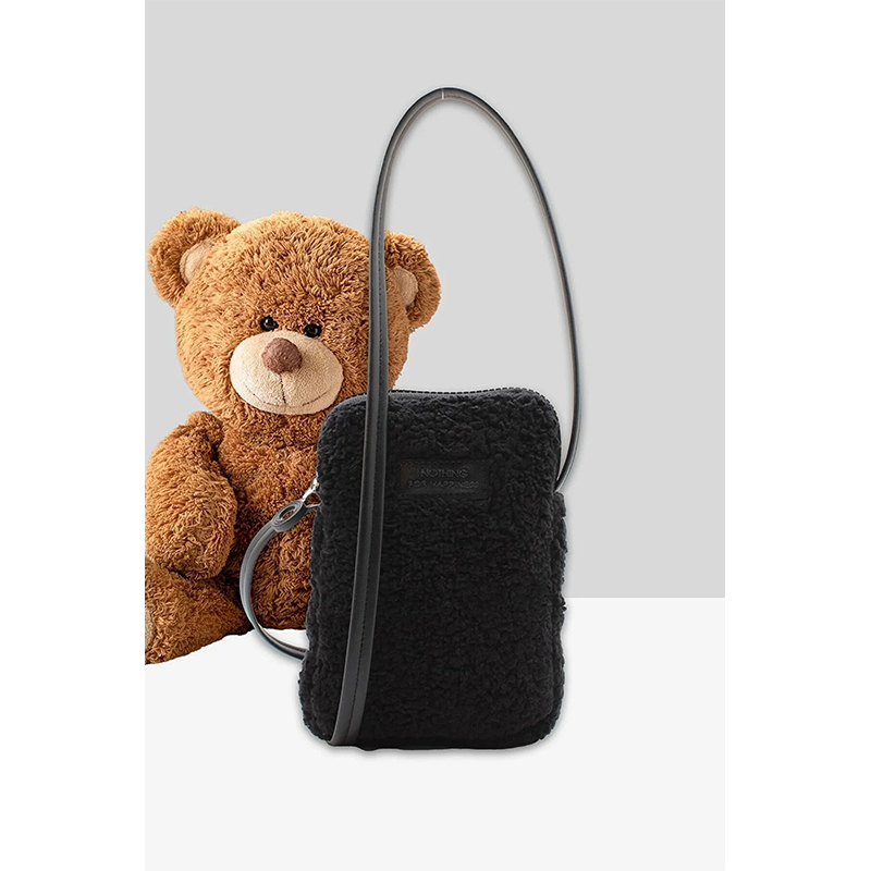 Women's Black Furry Plush Mini Phone Holder Cross Shoulder Bag