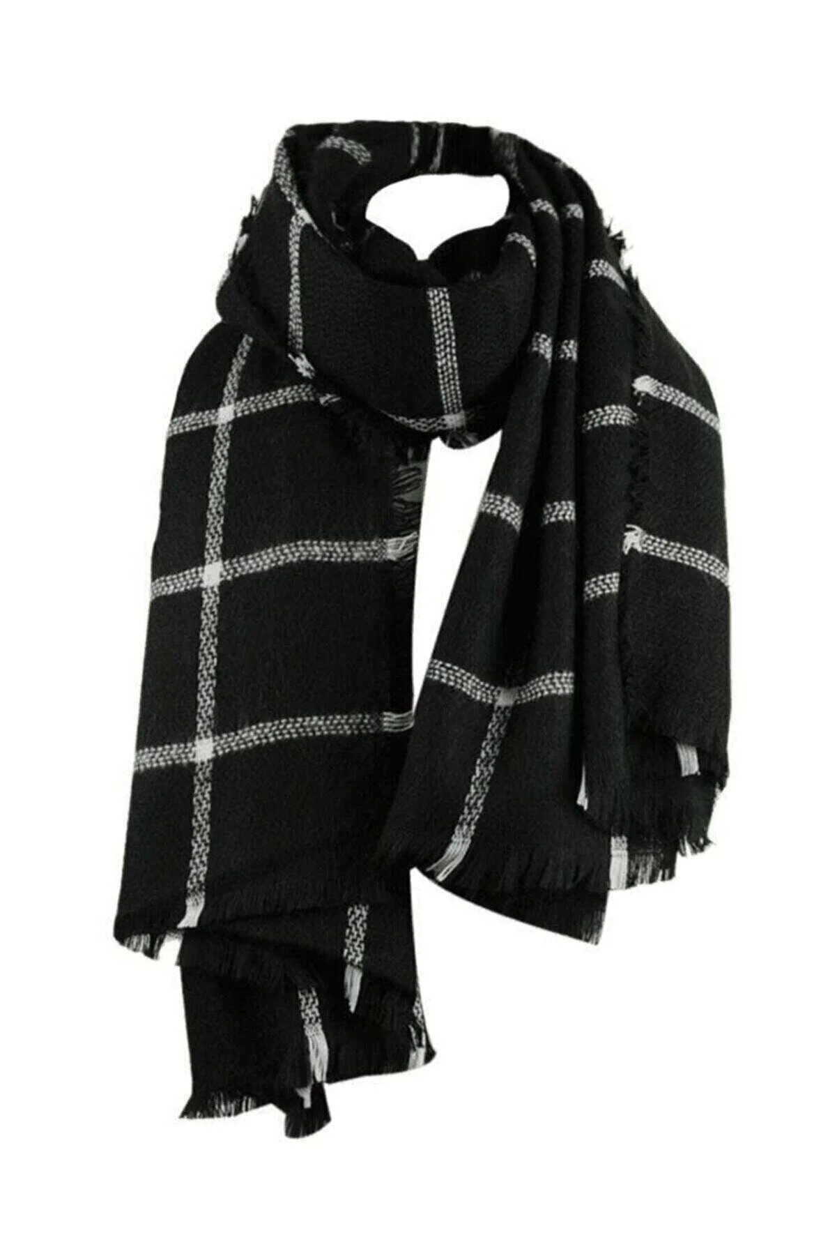 White Striped Black Plaid Thick Scarf