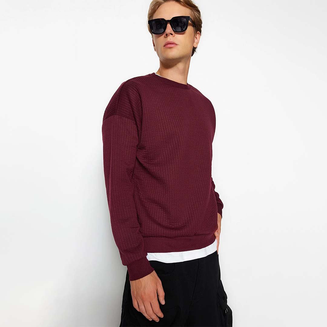 TRENDYOL MAN Burgundy Men's Oversize/Wide Cut Long Sleeve Crew Neck Textured Swe