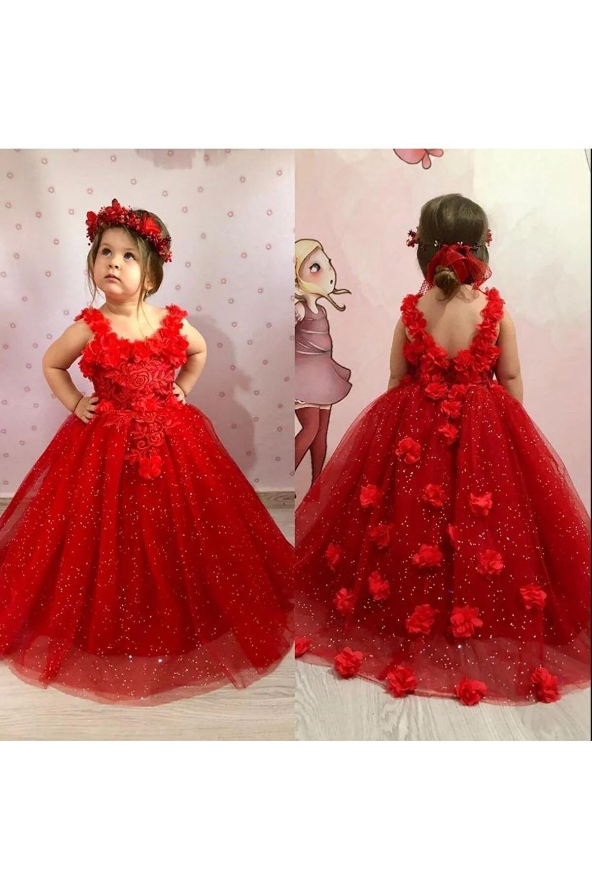 Crowned Red Rose Girls' Evening Dress - Crystal Tulle Evening Dress Girls' Dress