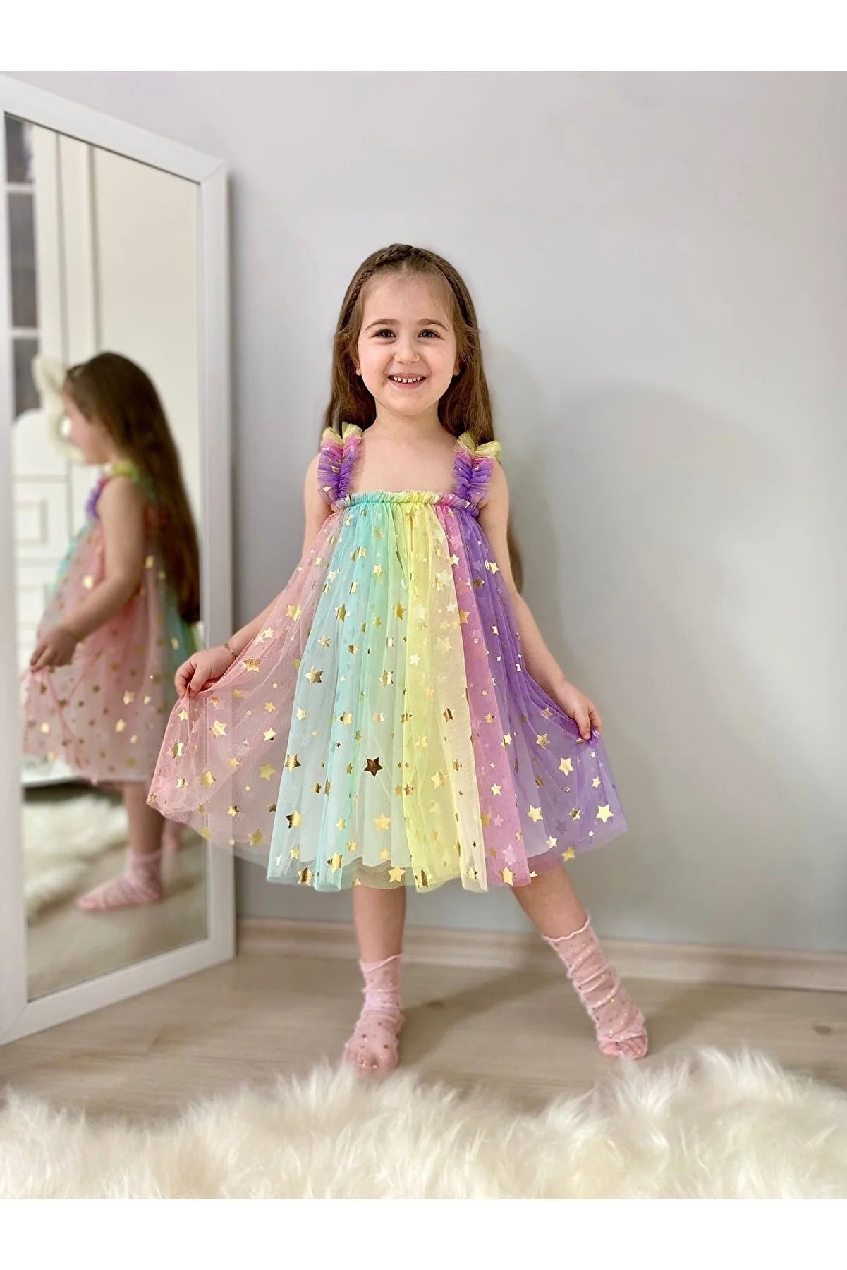 Rainbow Color Gradient Starry Girl's Dress