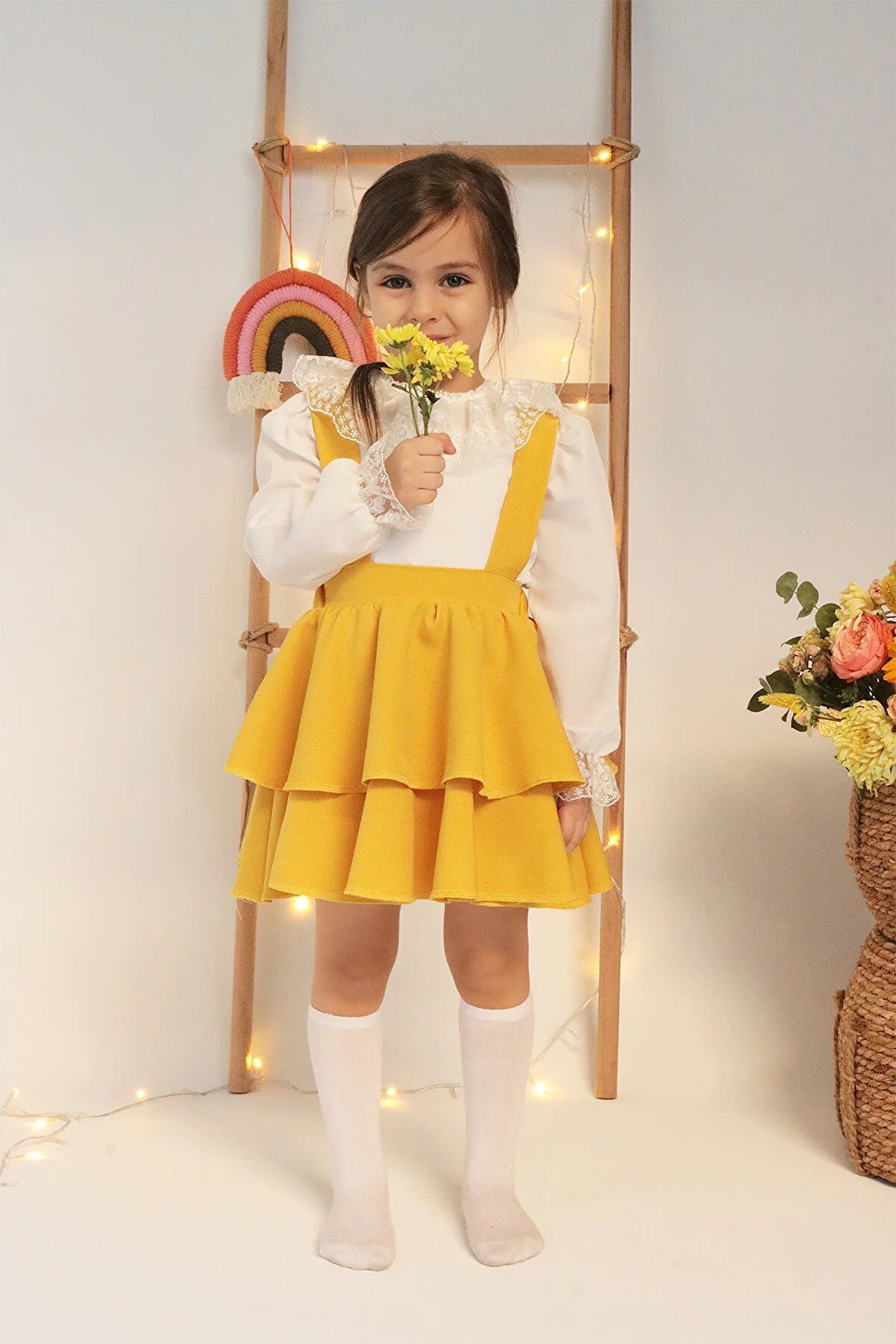 Parla Kids Girl Helen Yellow Strap Layered Tie Gilet Dress Lace Detail Long Slee