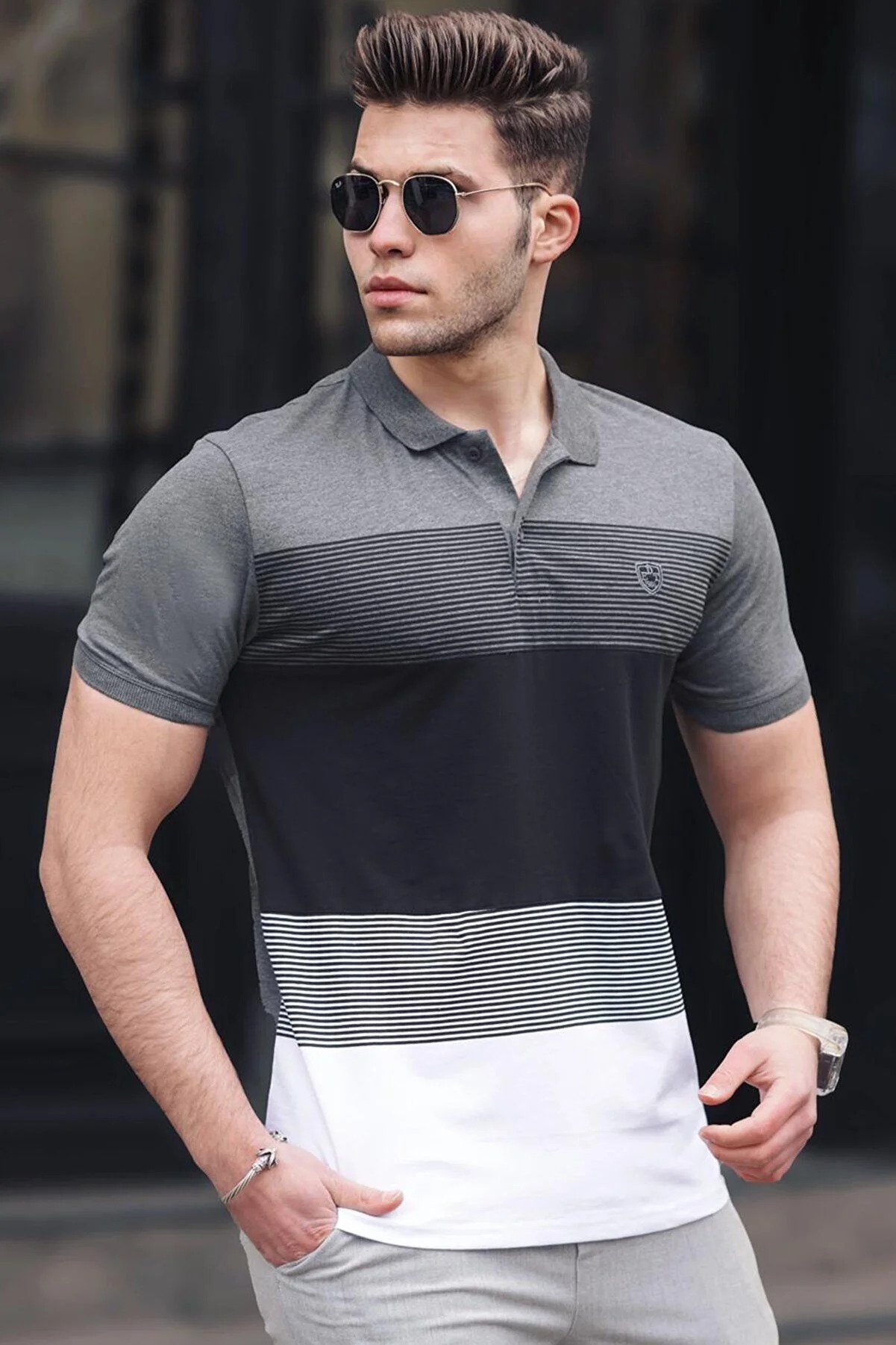 Madmext Color Blocked Anthracite Polo Neck Men's T-Shirt