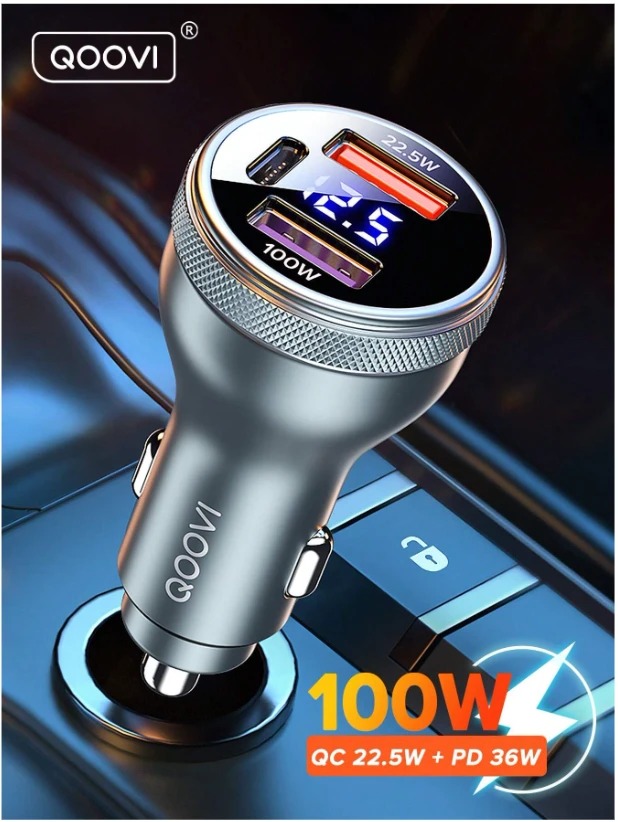 90W Car Charger, PD USB Type C Digital Display Dual Port Fast Charging Car Phone