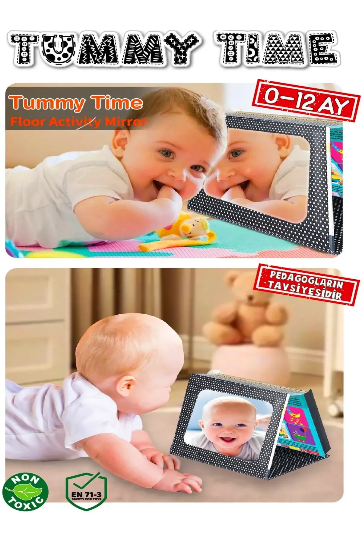 Tummy Time First Intelligence Cards with Mirror & Safe Baby Mirror - Educational