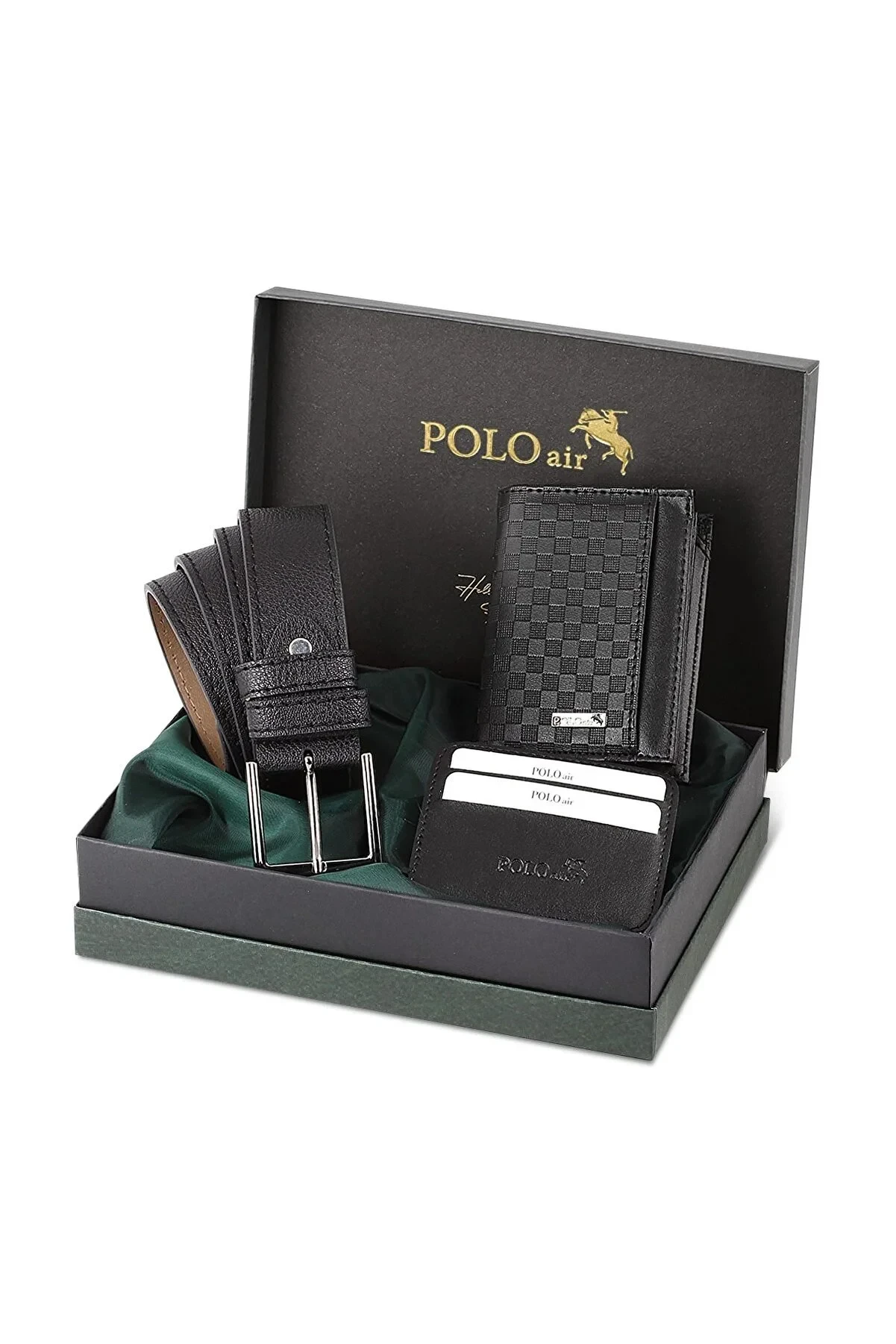 polo air Taba Checker Pattern Boxed Men's Wallet Belt Card Holder Set